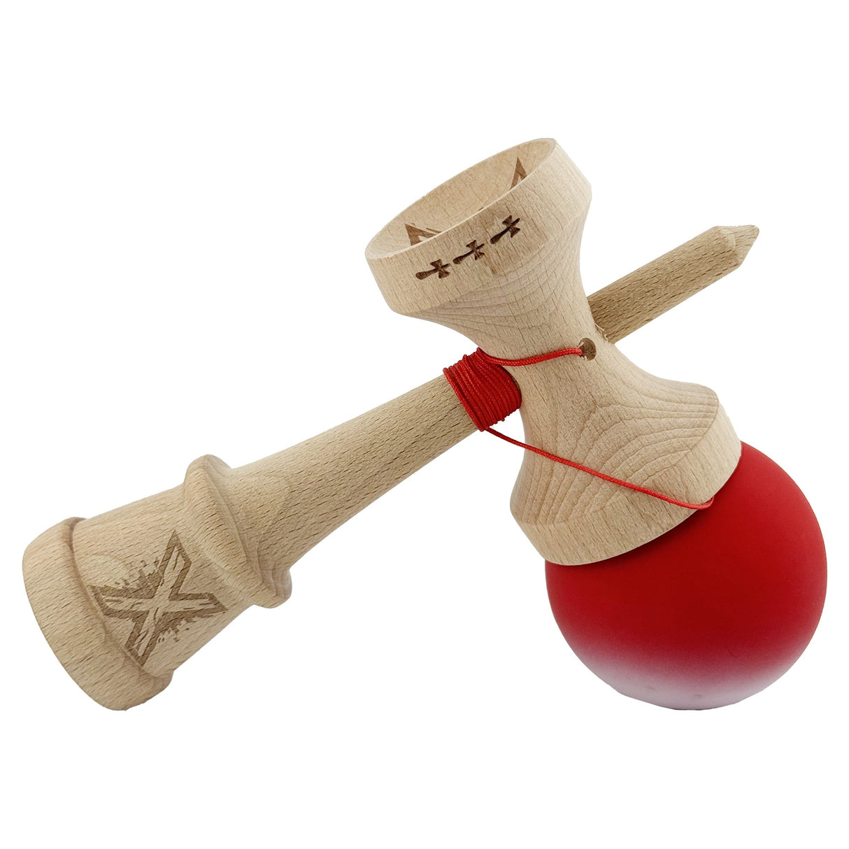 Kendama X Originala, Profesionala, Vivimall, Cupe Mari KING SIZE V3, Rubber Grip, Gaura in Baza, Rulment Metalic, din lemn 18 cm, Ata 55 cm, Gradient Rosu/Alb - vivimall.ro