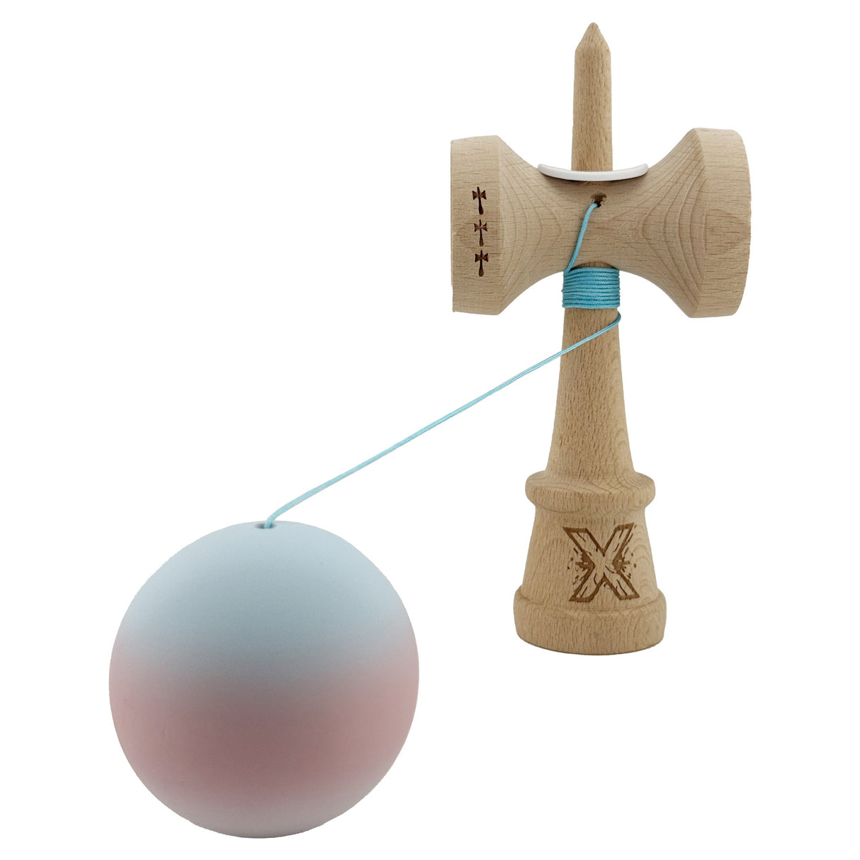 Kendama X Originala, Profesionala, Vivimall, Cupe Mari KING SIZE V3, Rubber Grip, Gaura in Baza, Rulment Metalic, din lemn 18 cm, Ata 55 cm, Gradient Albastru deschis/Roz/Alb - vivimall.ro