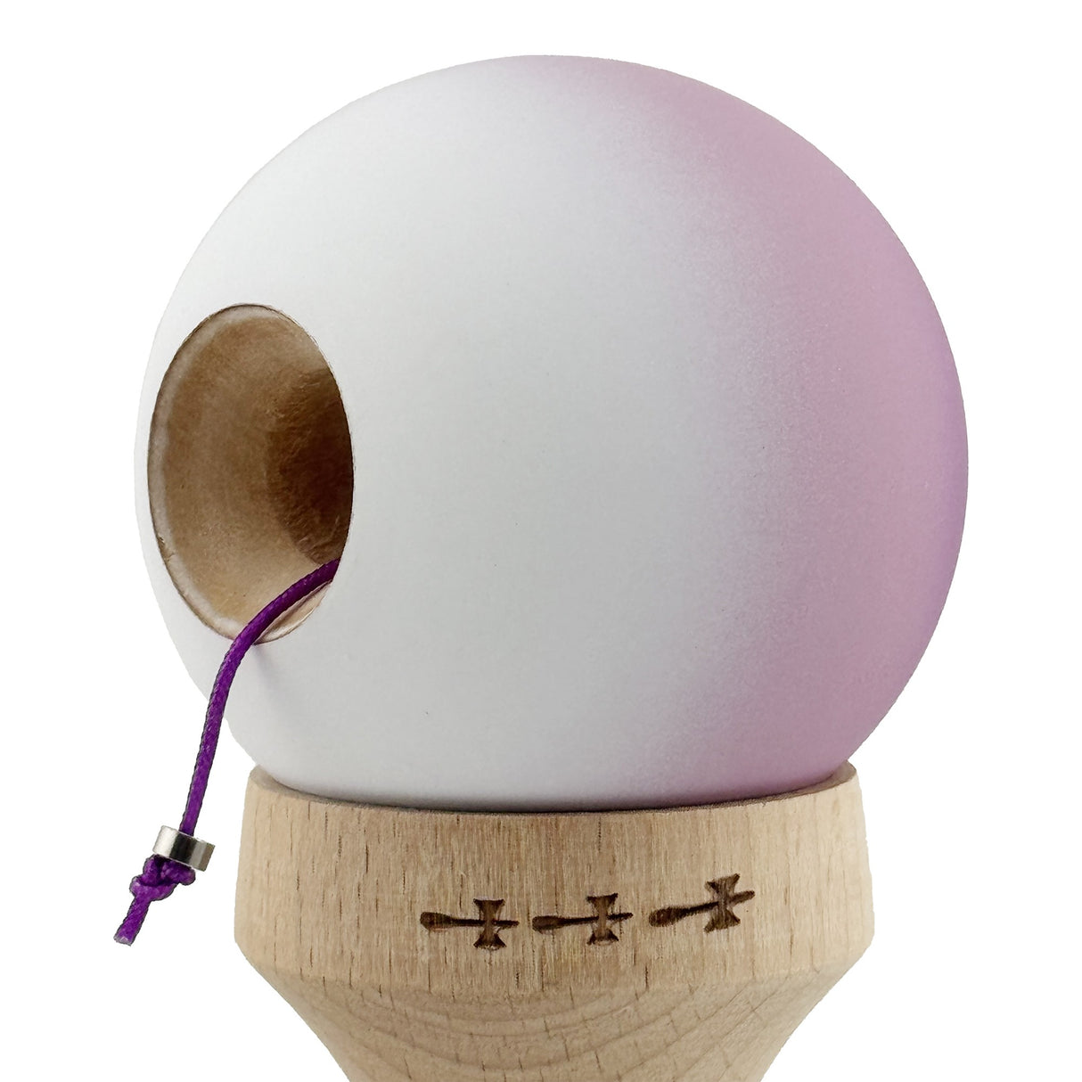 Kendama X Originala, Profesionala, Vivimall, Cupe Mari KING SIZE V3, Rubber Grip, Gaura in Baza, Rulment Metalic, din lemn 18 cm, Ata 55 cm, Gradient Mov/Alb - vivimall.ro