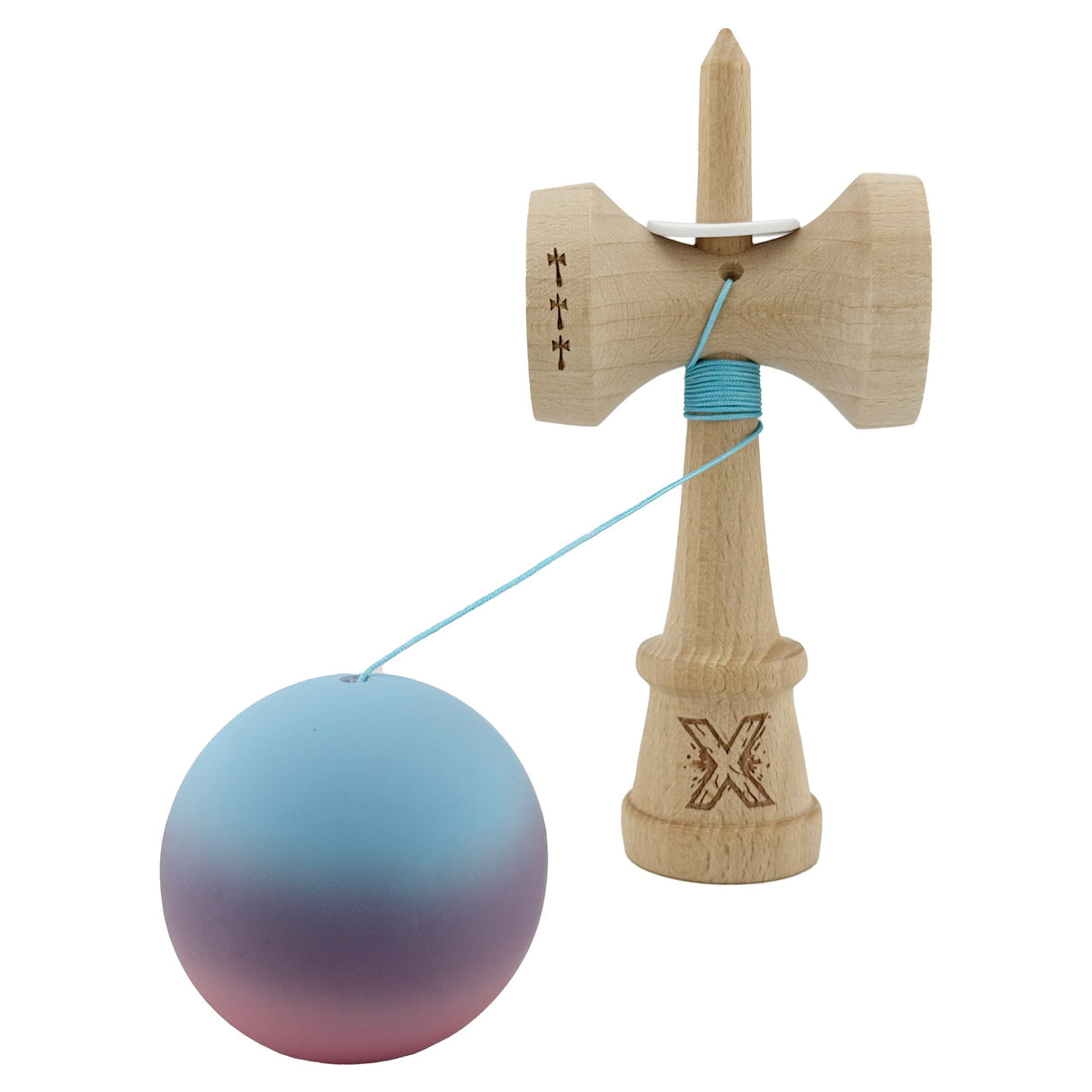 Kendama X Originala, Profesionala, Vivimall, Cupe Mari KING SIZE V3, Rubber Grip, Gaura in Baza, Rulment Metalic, din lemn 18 cm, Ata 55 cm, Gradient Albastru deschis/Mov/Roz - vivimall.ro