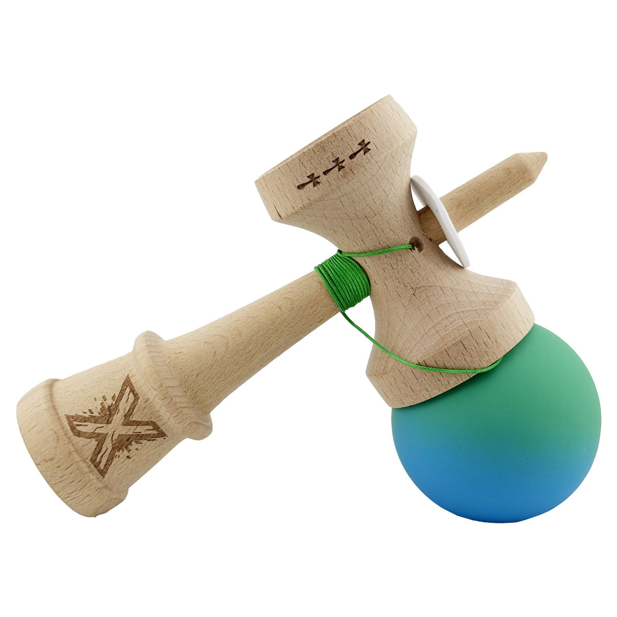 Kendama X Originala, Profesionala, Vivimall, Cupe Mari KING SIZE V3, Rubber Grip, Gaura in Baza, Rulment Metalic, din lemn 18 cm, Ata 55 cm, Gradient Verde/Albastru - vivimall.ro