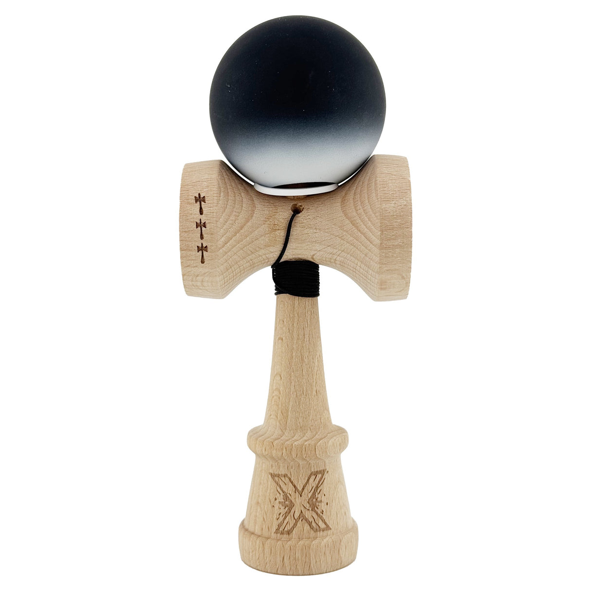 Kendama X Originala, Profesionala, Flippy, Cupe Mari KING SIZE V3, Rubber Grip, Gaura in Baza, Rulment Metalic, din lemn 18 cm, Ata 55 cm, Gradient Negru/Alb - vivimall.ro