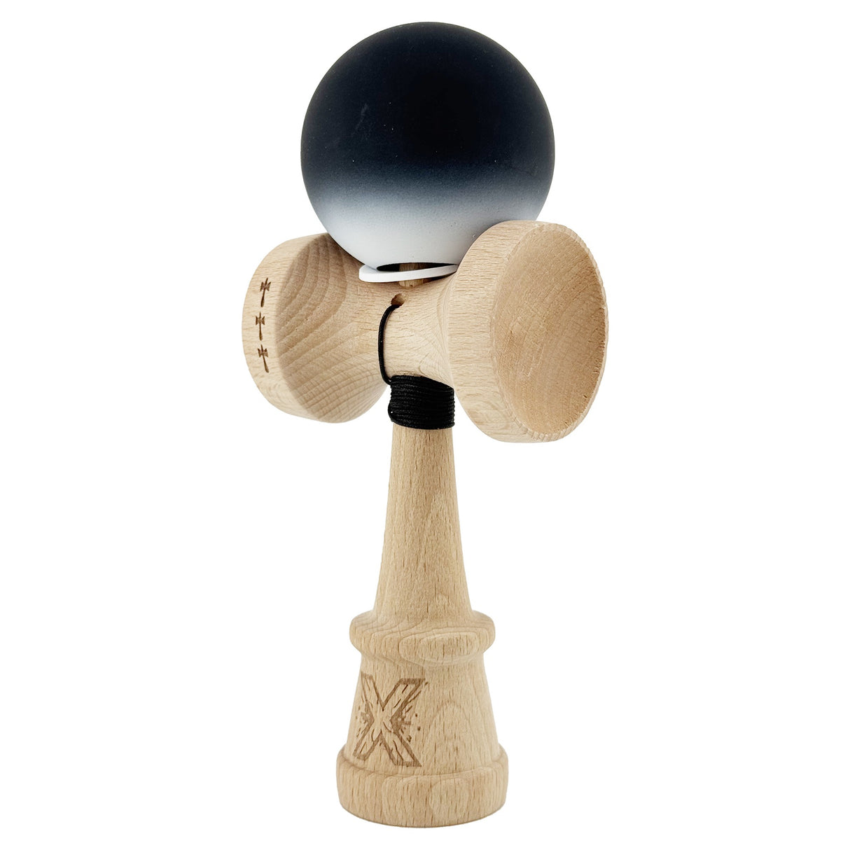 Kendama X Originala, Profesionala, Flippy, Cupe Mari KING SIZE V3, Rubber Grip, Gaura in Baza, Rulment Metalic, din lemn 18 cm, Ata 55 cm, Gradient Negru/Alb - vivimall.ro
