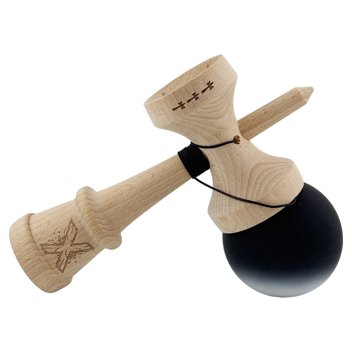 Kendama X Originala, Profesionala, Flippy, Cupe Mari KING SIZE V3, Rubber Grip, Gaura in Baza, Rulment Metalic, din lemn 18 cm, Ata 55 cm, Gradient Negru/Alb - vivimall.ro