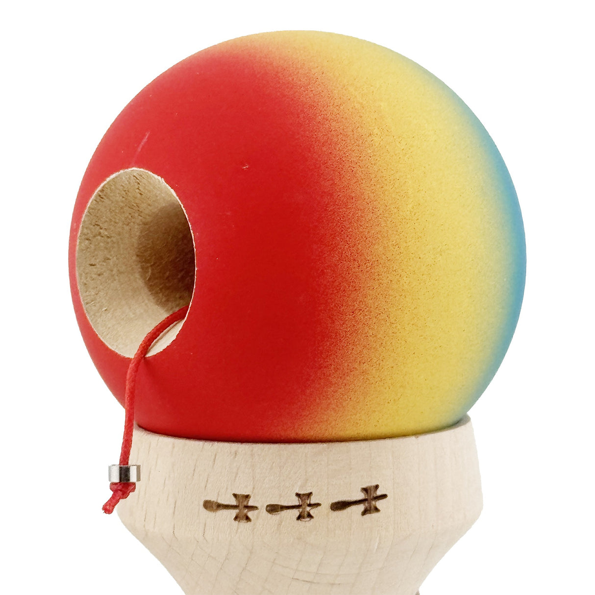 Kendama X Originala, Profesionala, Vivimall, Cupe Mari KING SIZE V3, Rubber Grip, Gaura in Baza, Rulment Metalic, din lemn 18 cm, Ata 55 cm, Gradient Albastru/Galben/Rosu - vivimall.ro