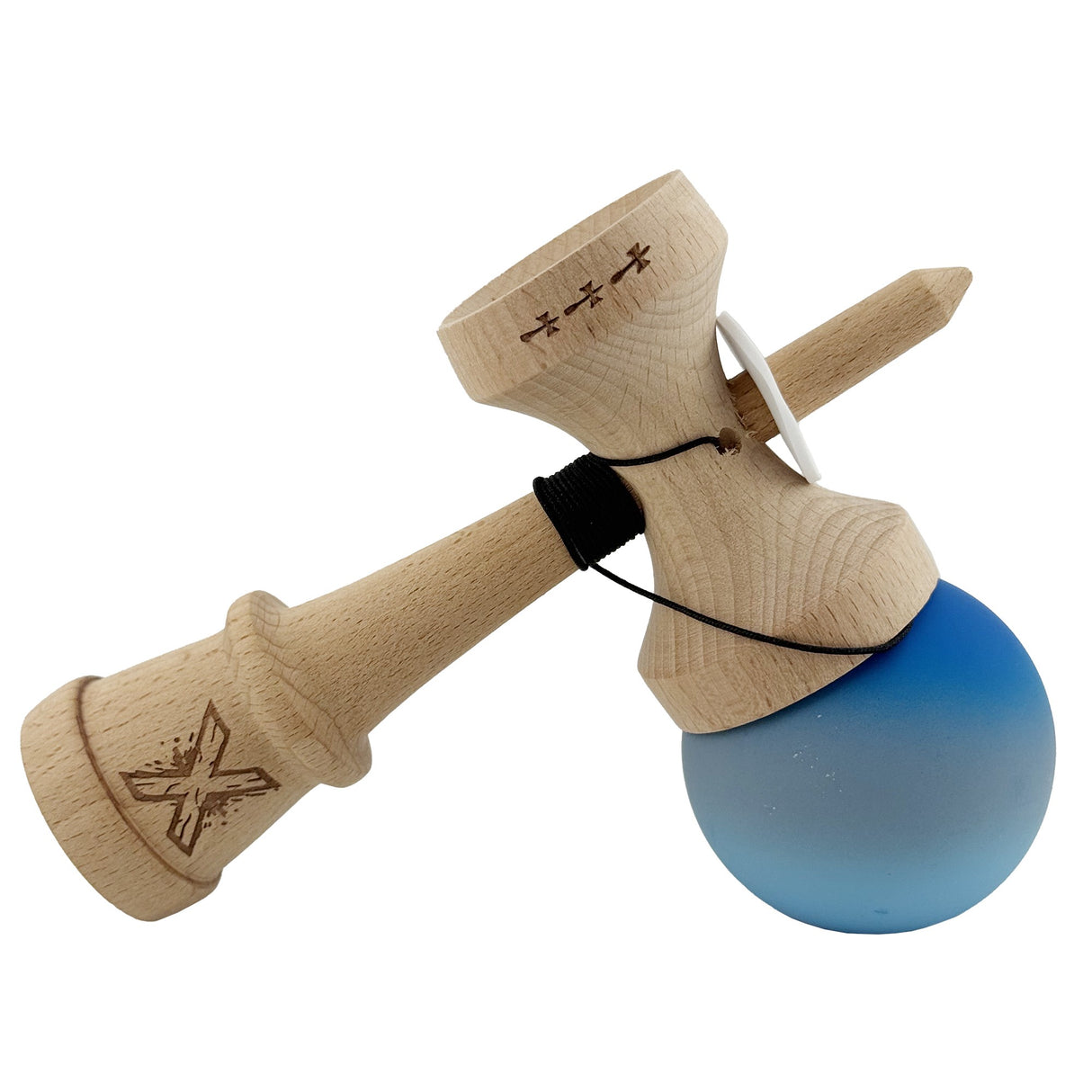 Kendama X Originala, Profesionala, Vivimall, Cupe Mari KING SIZE V3, Rubber Grip, Gaura in Baza, Rulment Metalic, din lemn 18 cm, Ata 55 cm, Gradient Albastru/Gri/Albastru deschis - vivimall.ro