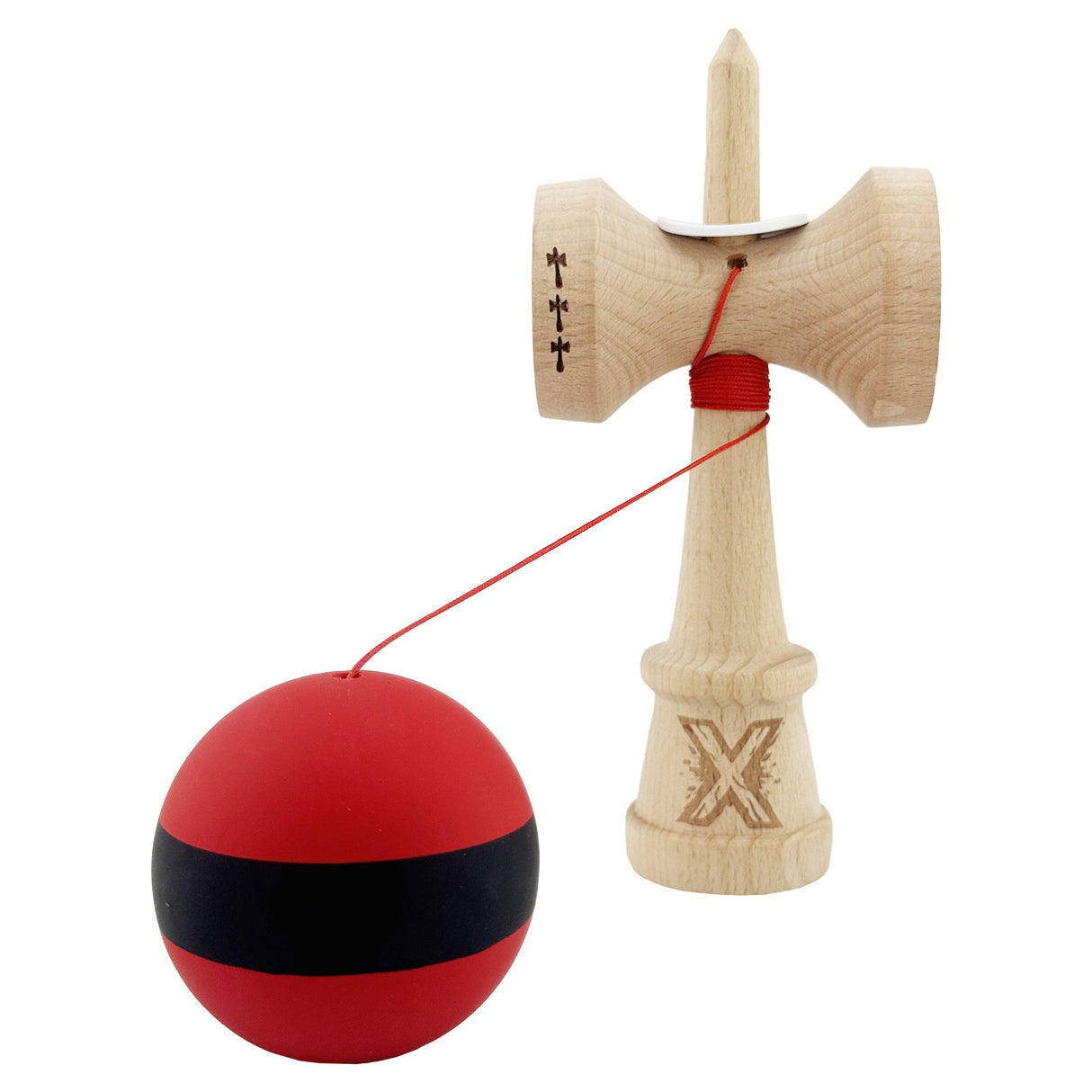 Kendama X Originala, Profesionala, Vivimall, Cupe Mari KING SIZE V3, Rubber Grip, Gaura in Baza, Rulment Metalic, din lemn 18 cm, Ata 55 cm, M Bicolor Rosu Dublu/Negru - vivimall.ro