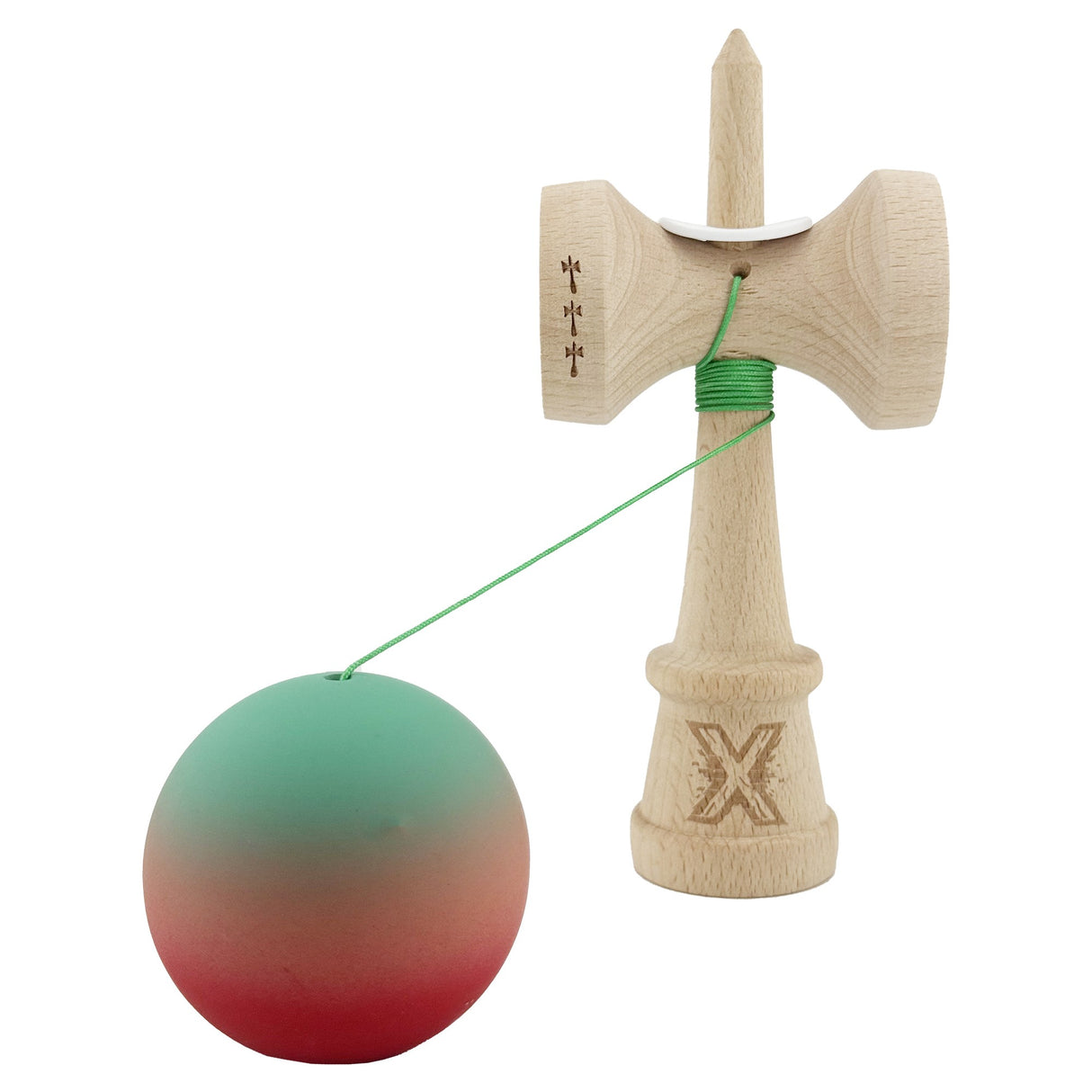 Kendama X Originala, Profesionala, Vivimall, Cupe Mari KING SIZE V3, Rubber Grip, Gaura in Baza, Rulment Metalic, din lemn 18 cm, Ata 55 cm, Gradient Verde/Roz/Rosu - vivimall.ro