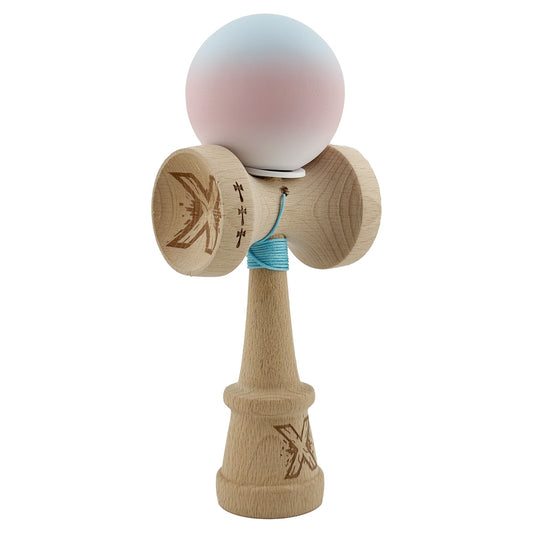 Kendama X Originala, Profesionala, Vivimall, Cupe Mari KING SIZE V3, Rubber Grip, Gaura in Baza, Rulment Metalic, din lemn 18 cm, Ata 55 cm, Gradient Albastru deschis/Roz/Alb - vivimall.ro