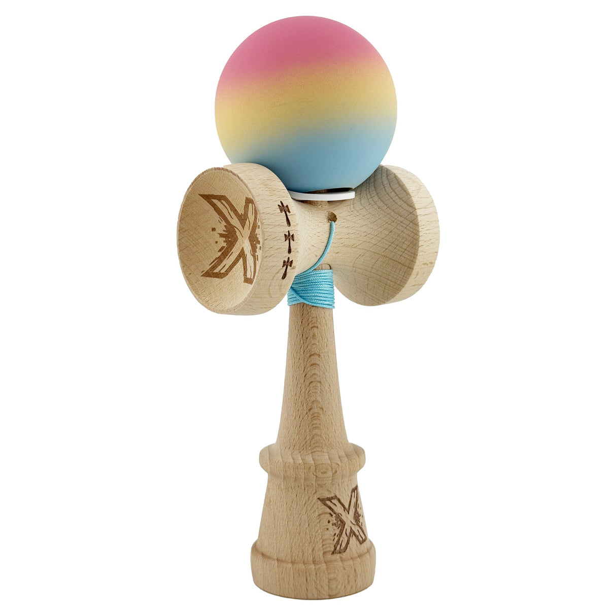 Kendama X Originala, Profesionala, Vivimall, Cupe Mari KING SIZE V3, Rubber Grip, Gaura in Baza, Rulment Metalic, din lemn 18 cm, Ata 55 cm, Gradient Roz/Galben/Albastru deschis - vivimall.ro