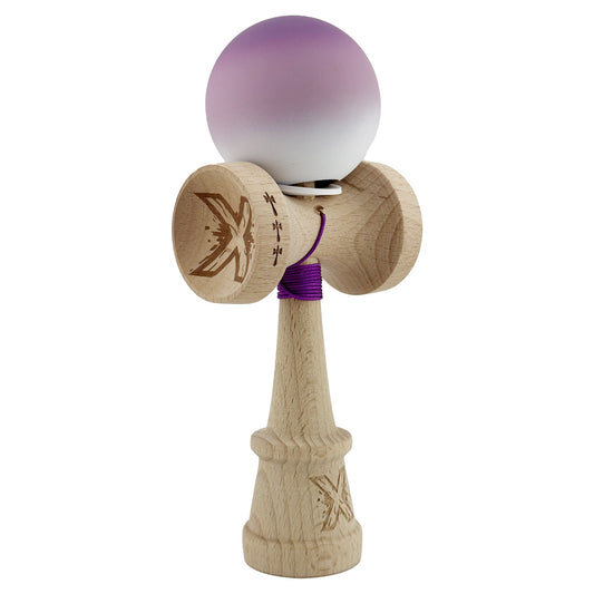 Kendama X Originala, Profesionala, Vivimall, Cupe Mari KING SIZE V3, Rubber Grip, Gaura in Baza, Rulment Metalic, din lemn 18 cm, Ata 55 cm, Gradient Mov/Alb - vivimall.ro