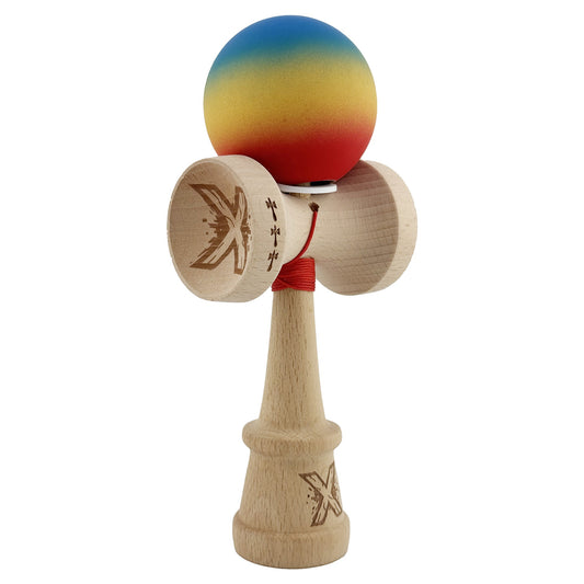 Kendama X Originala, Profesionala, Flippy, Cupe Mari KING SIZE V3, Rubber Grip, Gaura in Baza, Rulment Metalic, din lemn 18 cm, Ata 55 cm, Gradient Albastru/Galben/Rosu - vivimall.ro