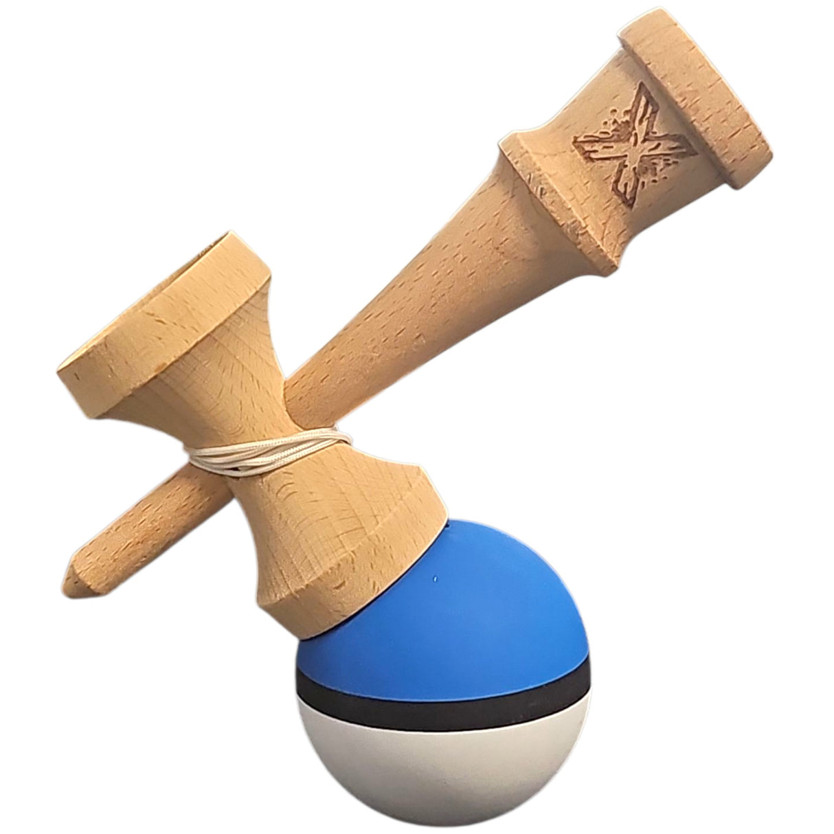 Kendama X Originala, Profesionala, Flippy, din Lemn, 18 cm, Rubber Grip, Albastru/Negru/Alb