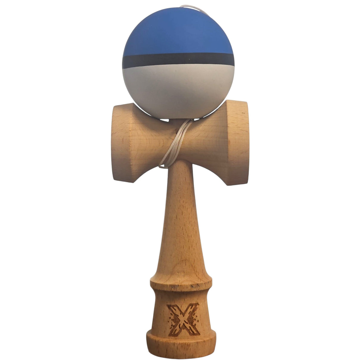 Kendama X Originala, Profesionala, Flippy, din Lemn, 18 cm, Rubber Grip, Albastru/Negru/Alb