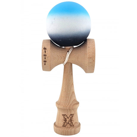 Kendama X Originala, Profesionala, Flippy, Big Cups V2, Rubber Grip cu Cupe Mari, Rulment Metalic cu Ata 55 cm, Gradient Albastru/Alb/Negru - vivimall.ro