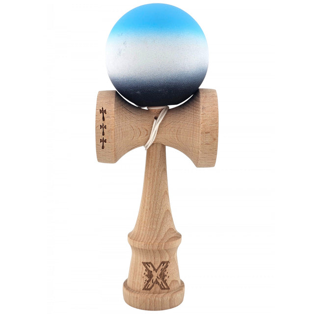 Kendama X Originala, Profesionala, Vivimall, Big Cups V2, Rubber Grip cu Cupe Mari, Rulment Metalic cu Ata 55 cm, Gradient Albastru/Alb/Negru - vivimall.ro