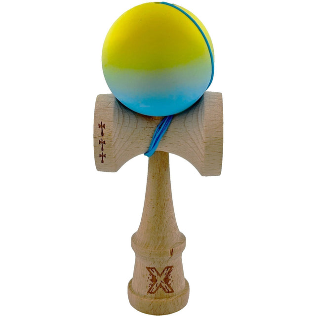 Kendama X Originala, Profesionala, Flippy, Big Cups V2, Rubber Grip cu Cupe Mari, Rulment Metalic cu Ata 55 cm,-Gradient Galben/Albastru - vivimall.ro