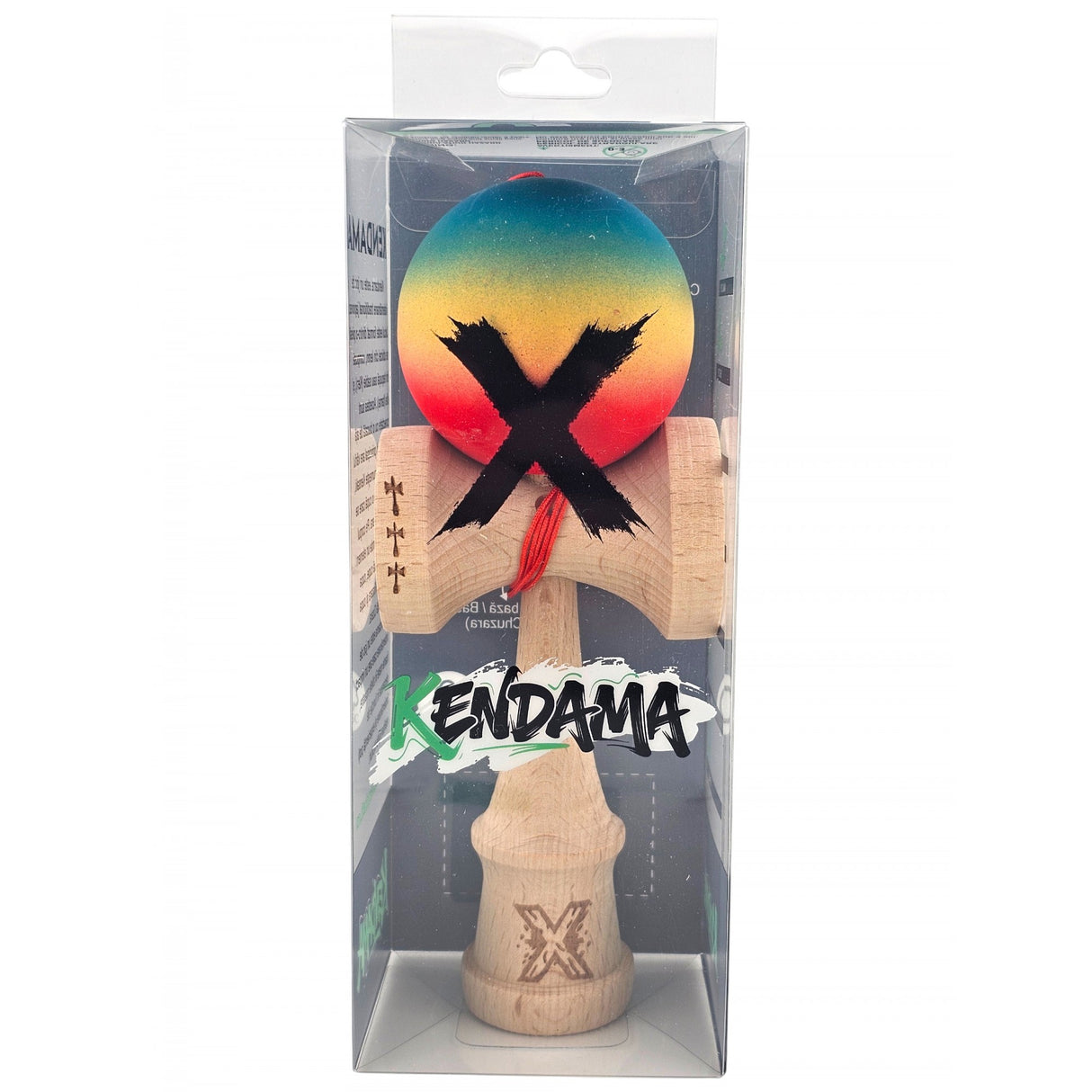 Kendama X Originala, Profesionala, Flippy, Big Cups V2, Rubber Grip cu Cupe Mari, Rulment Metalic cu Ata 55 cm,-Gradient Albastru/Galben/Rosu - vivimall.ro