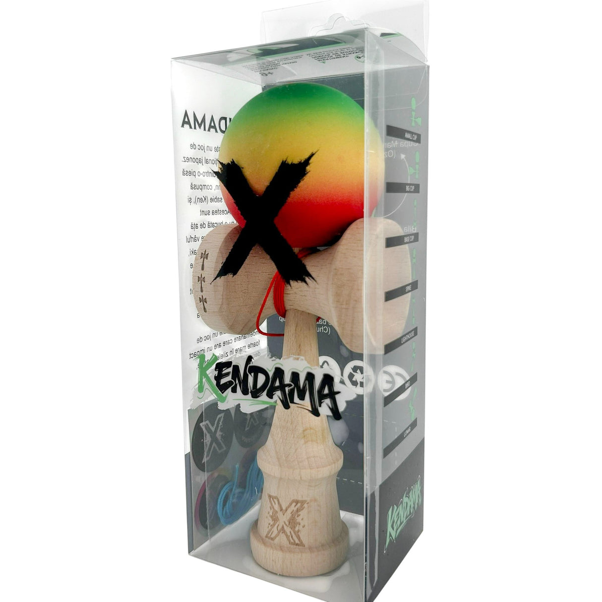 Kendama X Originala, Profesionala, Vivimall, Big Cups V2, Rubber Grip cu Cupe Mari, Rulment Metalic cu Ata 55 cm, Verde/Galben/Rosu - vivimall.ro