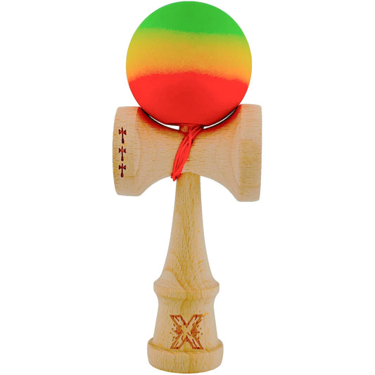Kendama X Originala, Profesionala, Flippy, Big Cups V2, Rubber Grip cu Cupe Mari, Rulment Metalic cu Ata 55 cm, Verde/Galben/Rosu - vivimall.ro