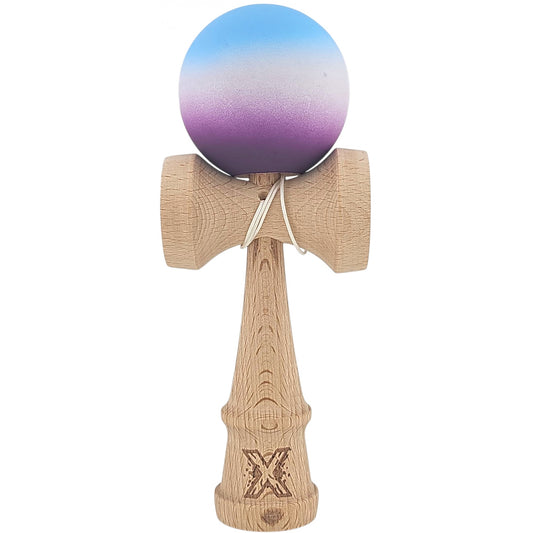 Kendama X Originala, Profesionala, Flippy, din Lemn, Rubber Grip, 18 cm, Albastru/Alb/Violet 