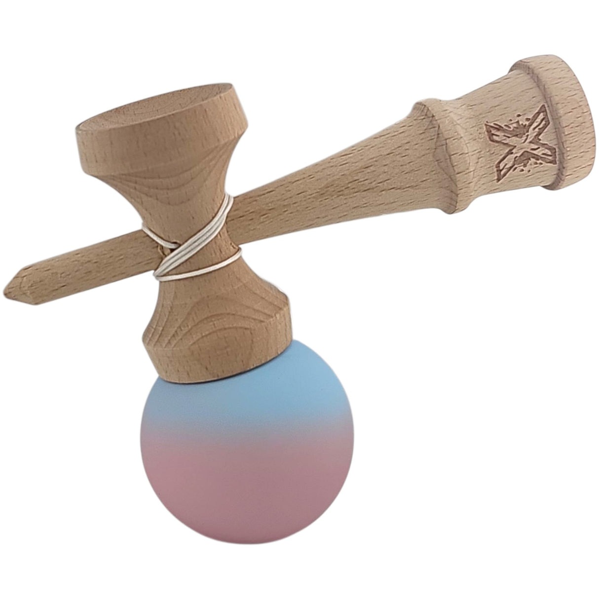 Kendama X Originala, Profesionala, Flippy, din Lemn, Rubber Grip, 18 cm, Albastru/Lila