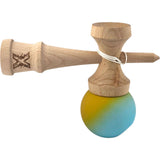 Kendama X Originala, Profesionala, Vivimall, din Lemn, Rubber Grip, 18 cm, Galben/Albastru - vivimall.ro