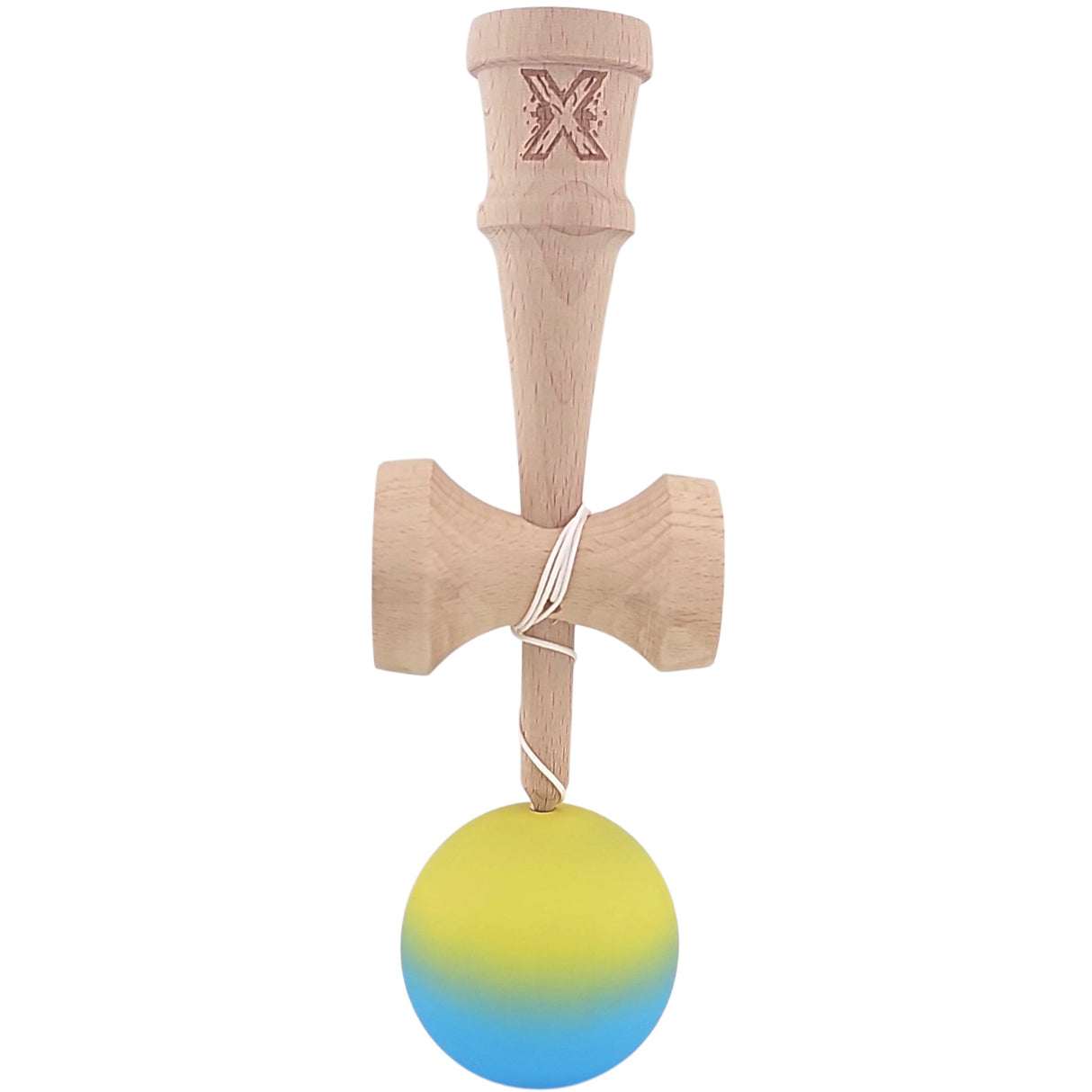 Kendama X Originala, Profesionala, Vivimall, 18 cm, Profesionala, +9 Ani, din Lemn, Gradient Galben/Albastru - vivimall.ro