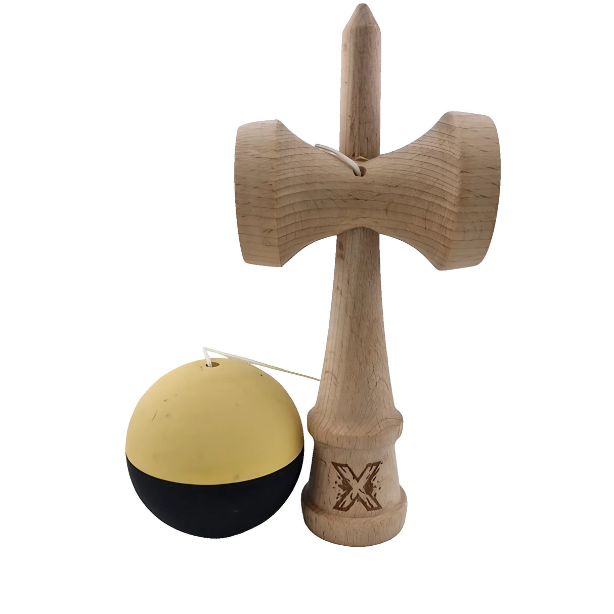 Kendama X Originala, Profesionala, Vivimall, din Lemn, Rubber Grip, 18 cm, Galben/Negru - vivimall.ro