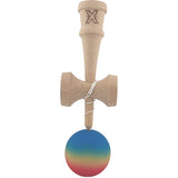 Kendama X Originala, Profesionala, Flippy, din Lemn, Rubber Grip, 18 cm, Gradient Albastru/Galben/Rosu
