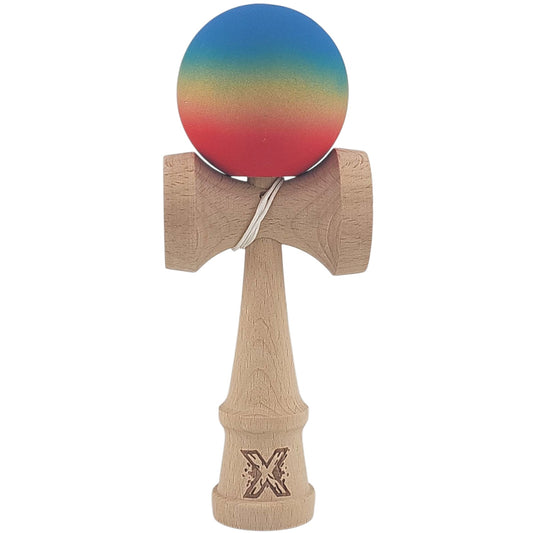 Kendama X Originala, Profesionala, Flippy, din Lemn, Rubber Grip, 18 cm, Gradient Albastru/Galben/Rosu