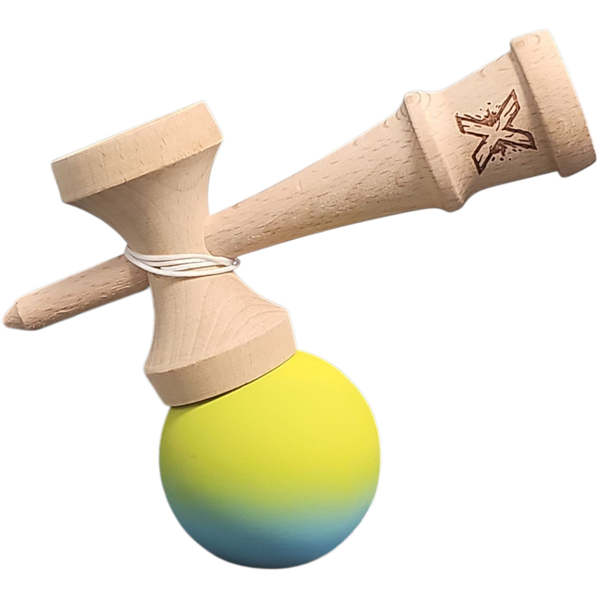 Kendama X Originala, Profesionala, Vivimall, din Lemn, Rubber Grip, 18 cm, Gradient Galben/Albastru/Verde - vivimall.ro
