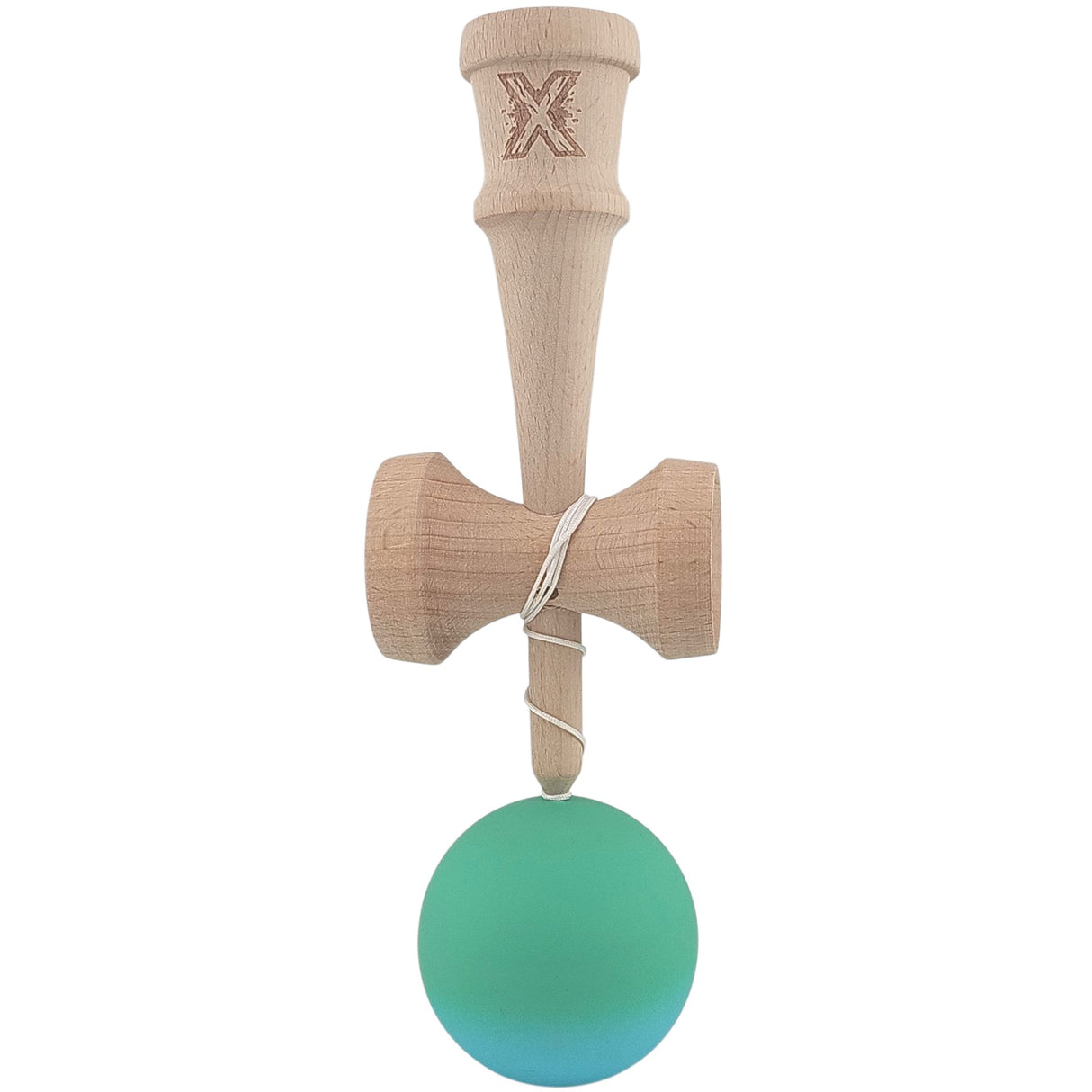 Kendama X Originala, Profesionala, Vivimall, din Lemn, Rubber Grip, 18 cm, Gradient Turcoaz/Alb - vivimall.ro