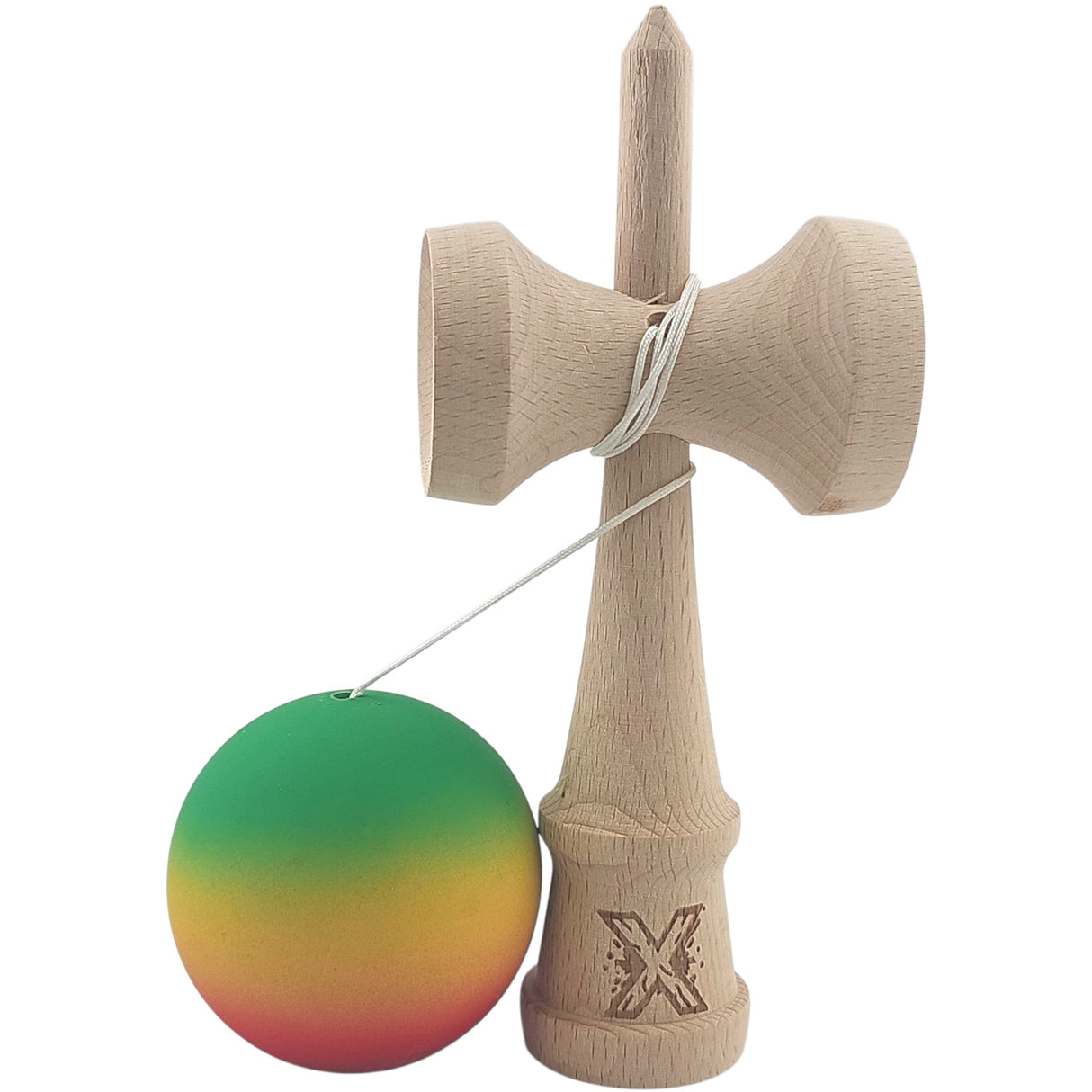 Kendama X Originala, Profesionala, Vivimall, din Lemn, Rubber Grip, 18 cm, Gradient Verde/Galben/Rosu - vivimall.ro