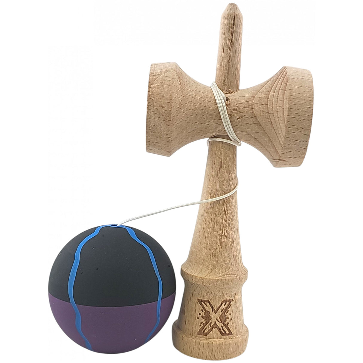 Kendama X Originala, Profesionala, Vivimall, din Lemn, Rubber Grip, 18 cm, Negru/Mov/Albastru - vivimall.ro