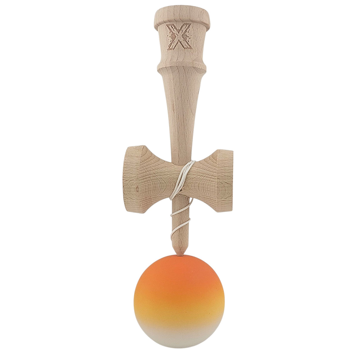 Kendama X Originala, Profesionala, Vivimall, din Lemn, Rubber Grip, 18 cm, Portocaliu/Galben/Alb - vivimall.ro
