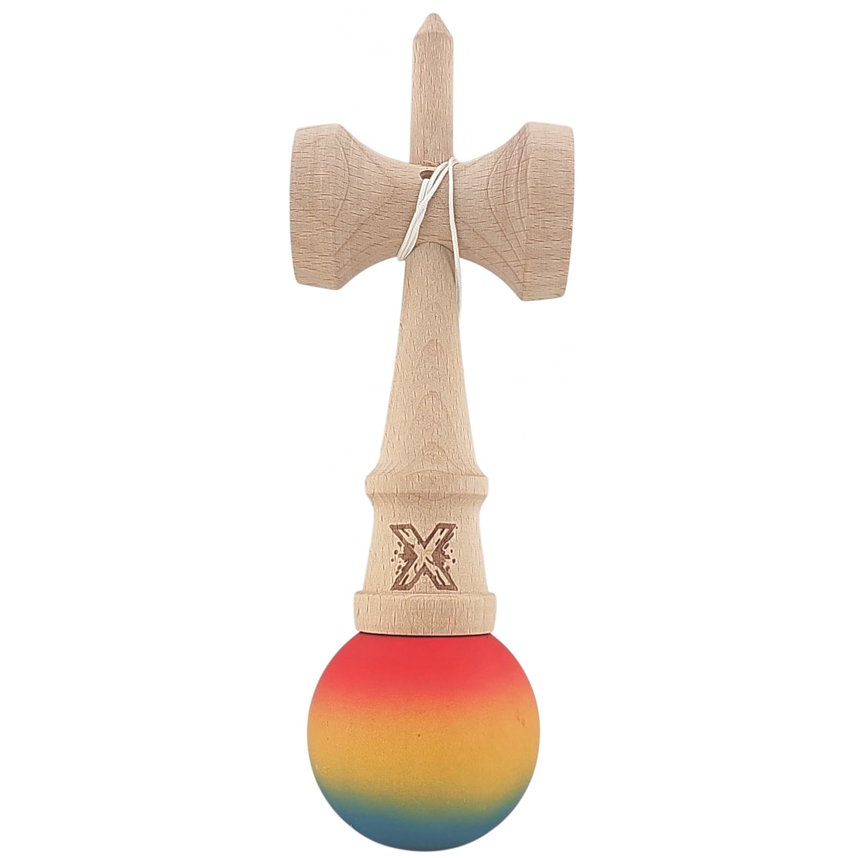 Kendama X Originala, Profesionala, Flippy, din Lemn, Rubber Grip, 18 cm,Rosu/Galben/Albastru
