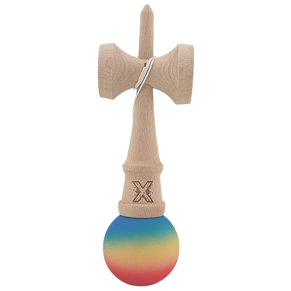 Kendama X Originala, Profesionala, Flippy, din Lemn, Rubber Grip, 18 cm, Rosu/Galben/Albastru
