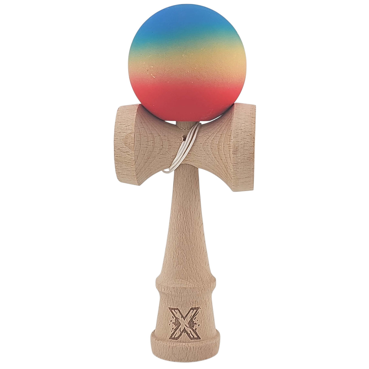 Kendama X Originala, Profesionala, Flippy, din Lemn, Rubber Grip, 18 cm, Rosu/Galben/Albastru
