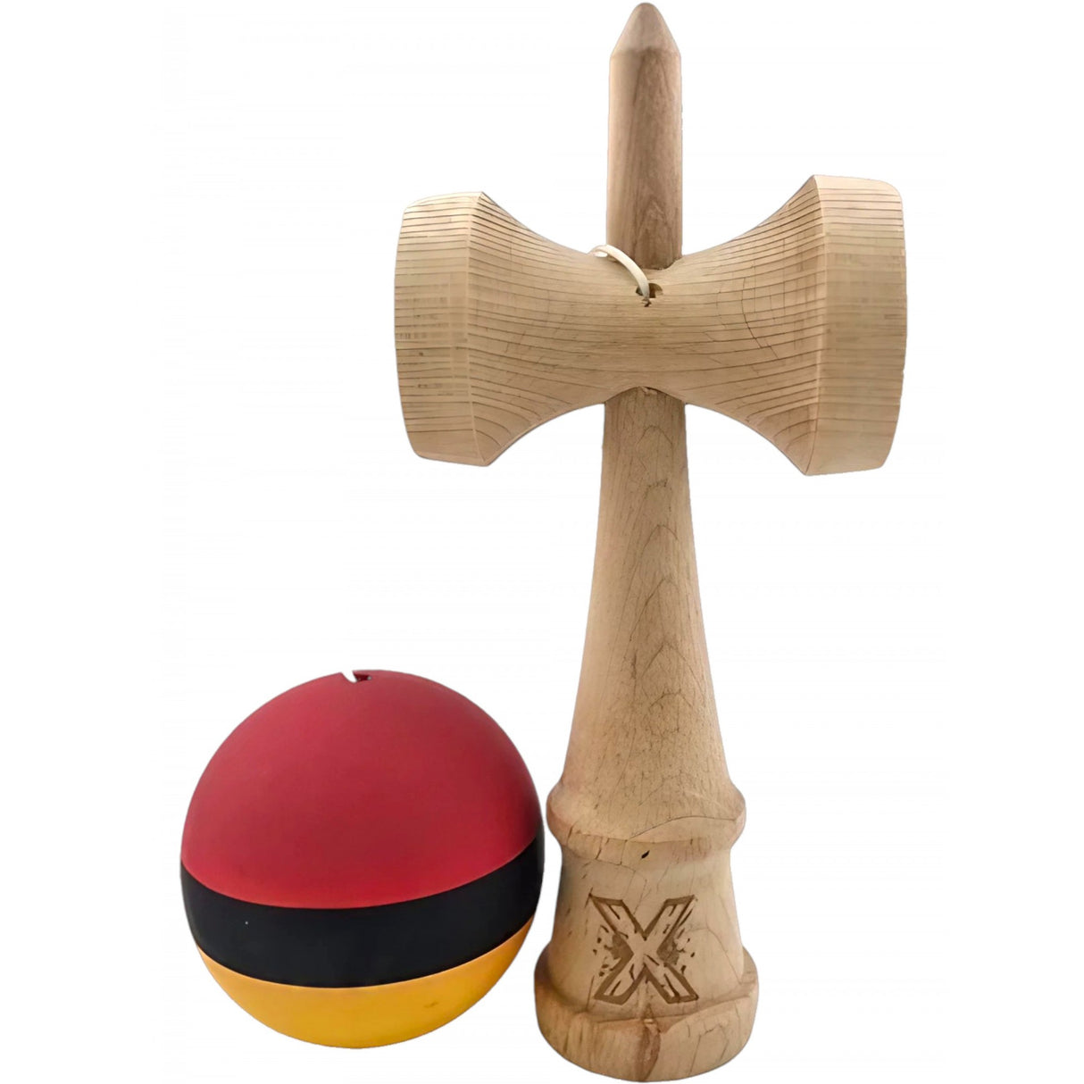 Kendama X Originala, Profesionala, Flippy, din Lemn, Rubber Grip, 18 cm, Rosu/Negru/Galben