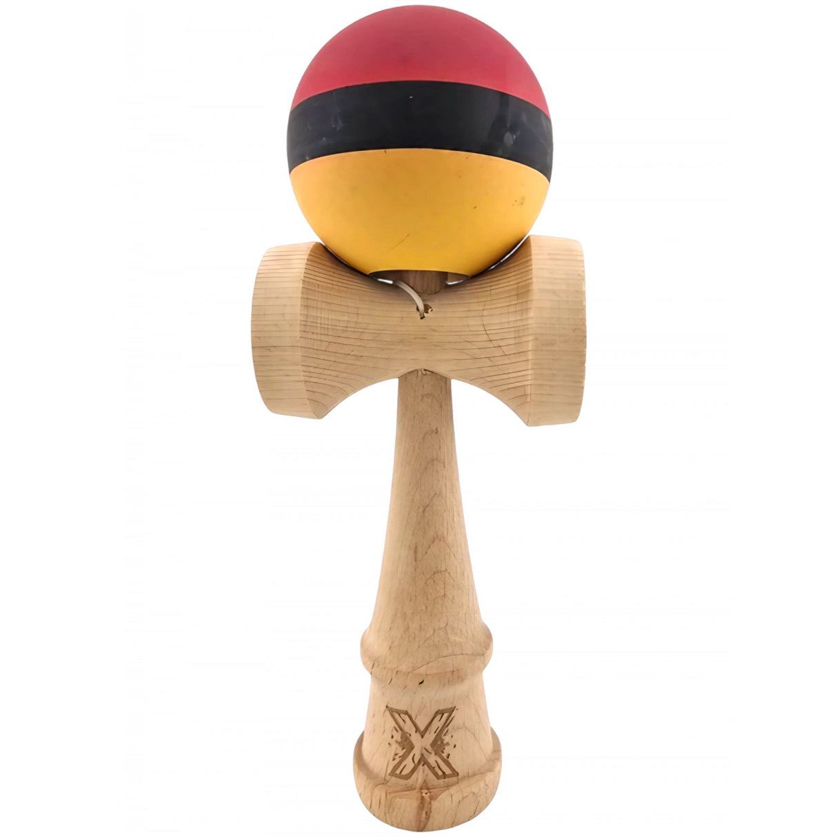 Kendama X Originala, Profesionala, Flippy, din Lemn, Rubber Grip, 18 cm, Rosu/Negru/Galben