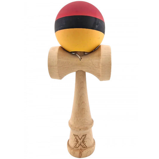 Kendama X Originala, Profesionala, Flippy, din Lemn, Rubber Grip, 18 cm, Rosu/Negru/Galben