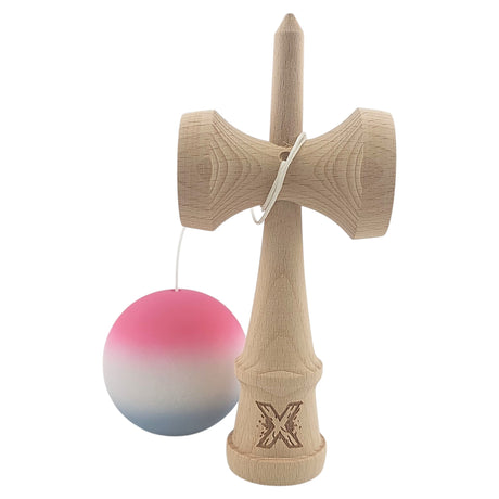 Kendama X Originala, Profesionala, Vivimall, din Lemn, Rubber Grip, 18 cm, Roz/Alb/Gri - vivimall.ro