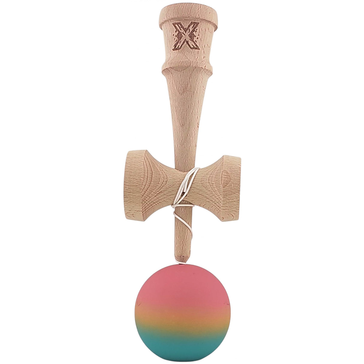 Kendama X Originala, Profesionala, Flippy, din Lemn, Rubber Grip, 18 cm, Roz/Galben/Albastru