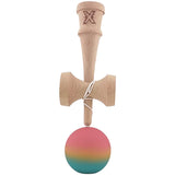 Kendama X Originala, Profesionala, Flippy, din Lemn, Rubber Grip, 18 cm, Roz/Galben/Albastru