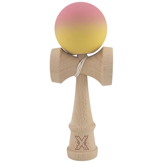 Kendama X Originala, Profesionala, Vivimall, din Lemn, Rubber Grip, 18 cm, Roz/Galben - vivimall.ro