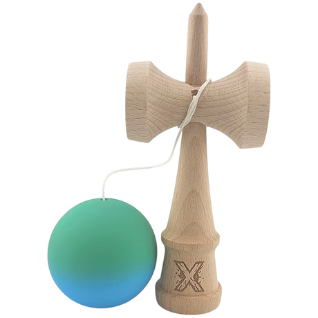 Kendama X Originala, Profesionala, Vivimall, din Lemn, Rubber Grip, 18 cm, Verde/Albastru - vivimall.ro