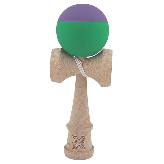 Kendama X Originala, Profesionala, Vivimall, din Lemn, Rubber Grip, 18 cm, Verde/Mov - vivimall.ro