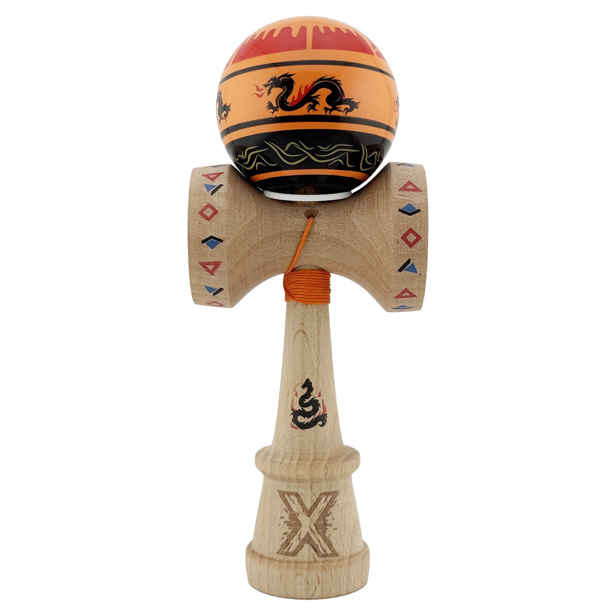 Kendama X Originala, Profesionala, Vivimall, DRAGON Series, Super Sticky cu Cupe Mari King Size V3, Rulment Metalic si Gaura in Baza, din Lemn 18 cm, Ata 55 cm, Portocaliu/Negru - vivimall.ro