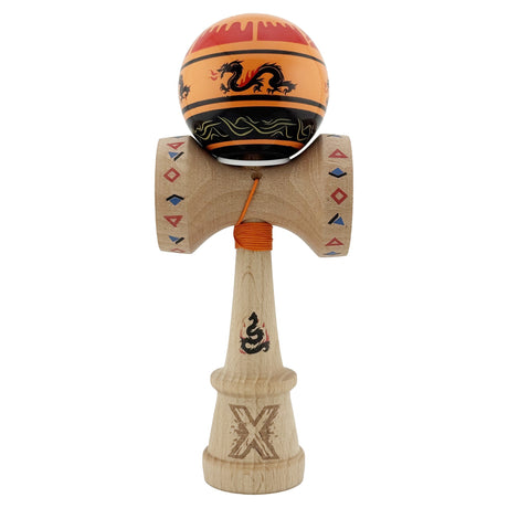 Kendama X Originala, Profesionala, Vivimall, DRAGON Series, Super Sticky cu Cupe Mari King Size V3, Rulment Metalic si Gaura in Baza, din Lemn 18 cm, Ata 55 cm, Portocaliu/Negru - vivimall.ro